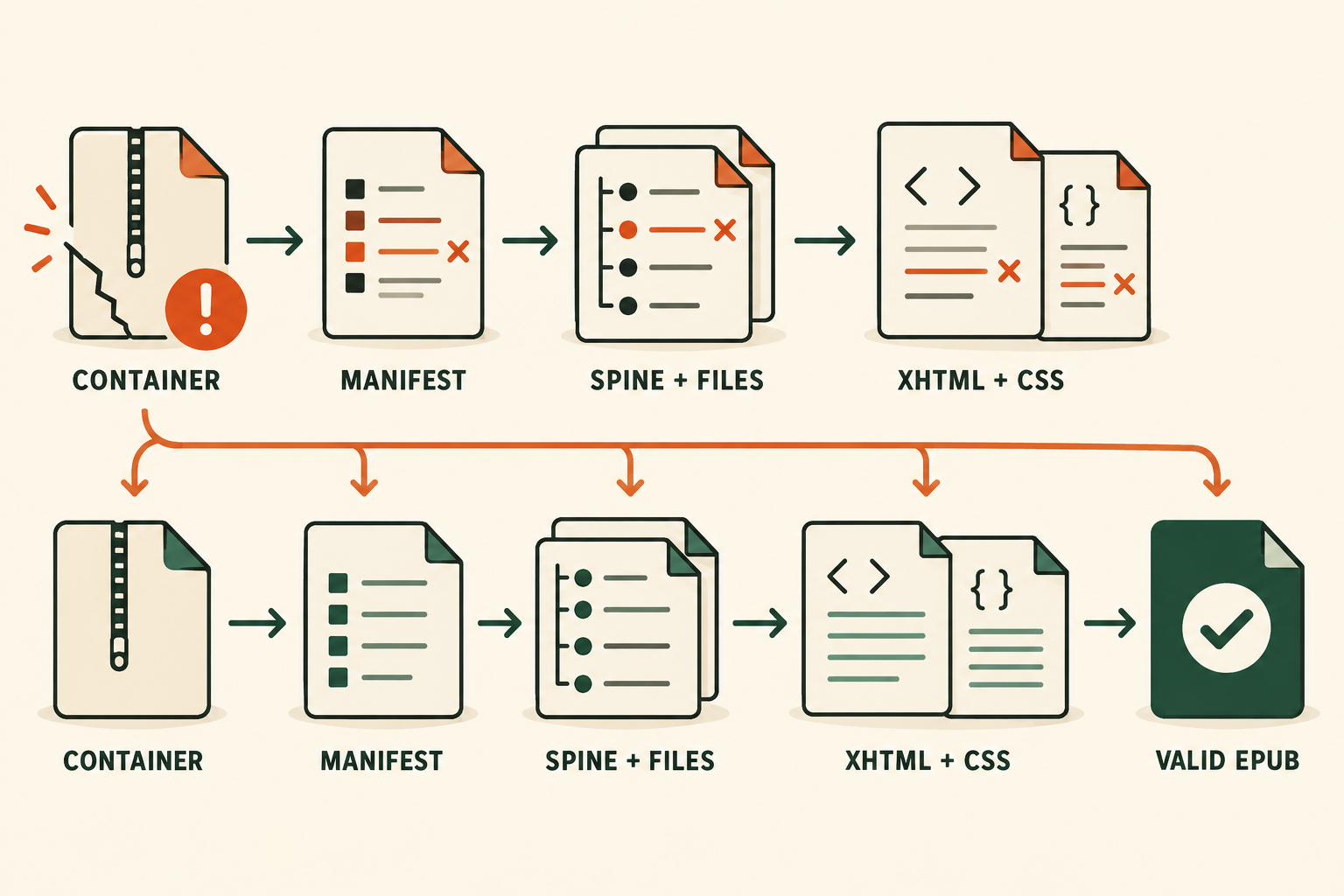 EPUB repair flow ending with validated XHTML and CSS formatting.