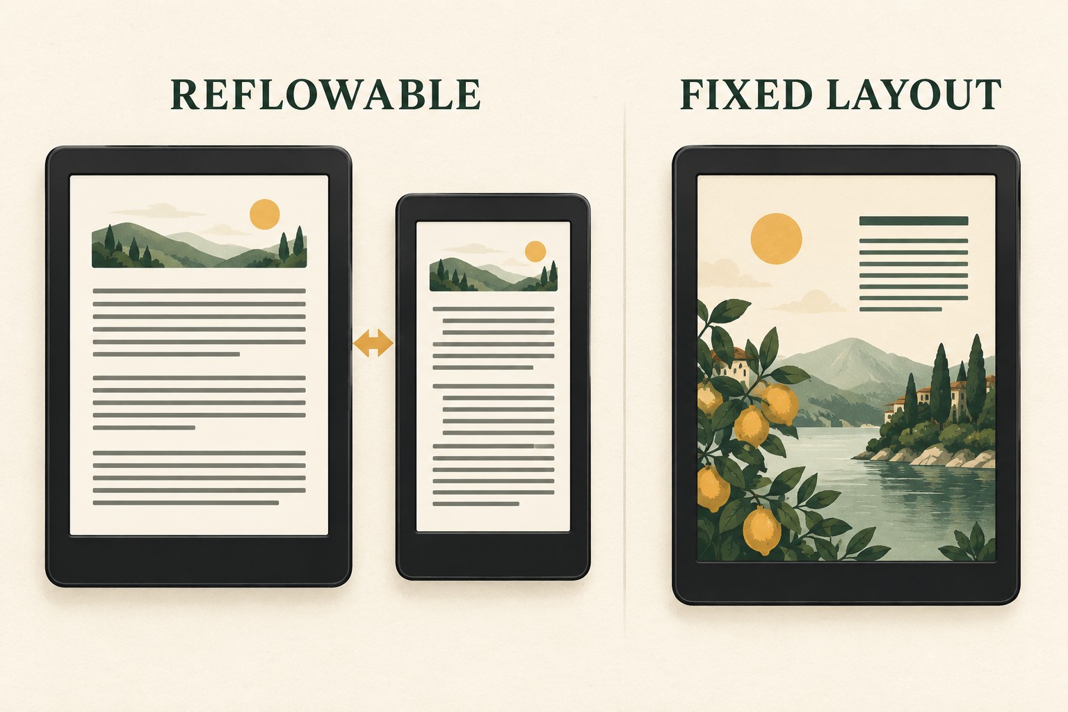 Reflowable EPUB text adapting across devices beside a fixed-layout EPUB page that retains exact positioning.