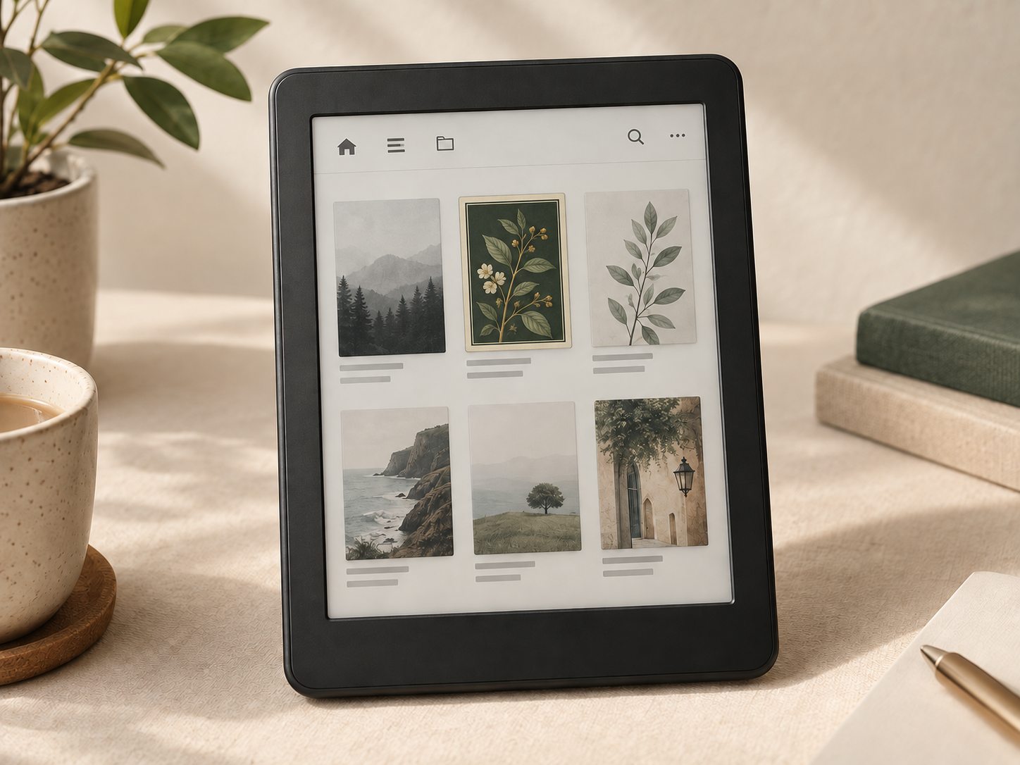 The same e-reader library after repair, with a dark green botanical book cover restored.