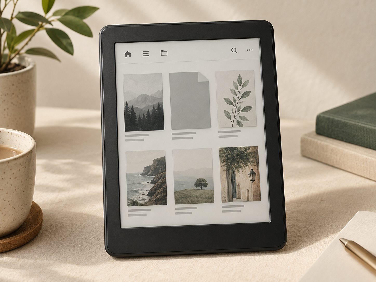 E-reader library showing a blank grey document tile where an EPUB cover is missing.