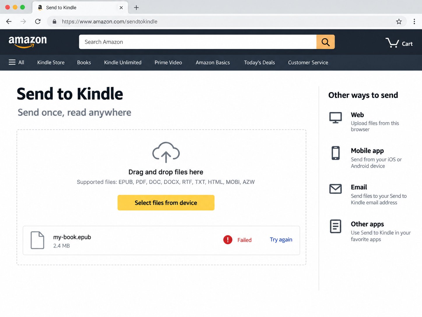 Illustrative Send to Kindle web uploader showing an EPUB file with a Failed status and a Try again action.