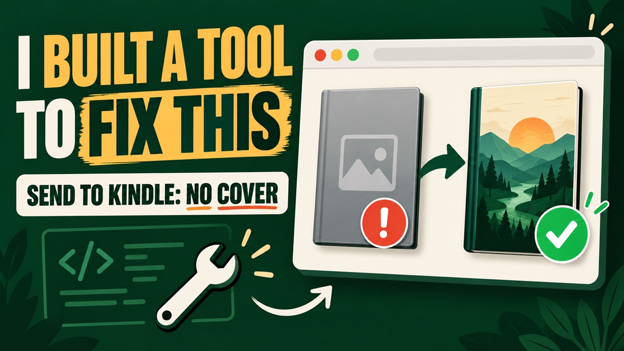 FixMyEPUB video cover showing a Send to Kindle missing-cover problem and the browser repair tool.